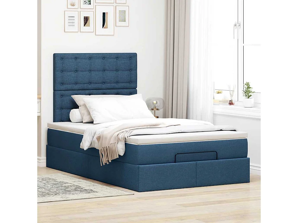 Estrutura de cama otomana com colchão 120x200 cm tecido azul