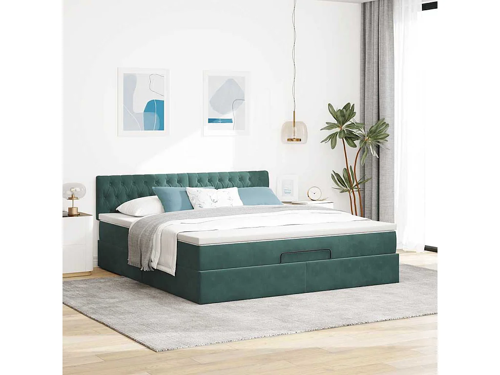 Cadre de lit ottoman avec matelas vert foncé 180x200 cm velours