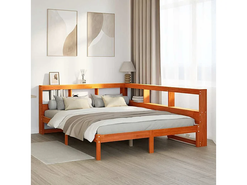 Bed met boekenkast zonder matras grenenhout wasbruin 140x190 cm