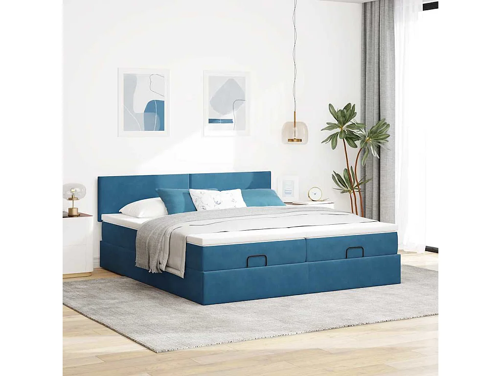 Cadre de lit ottoman avec matelas bleu foncé 160x200 cm velours