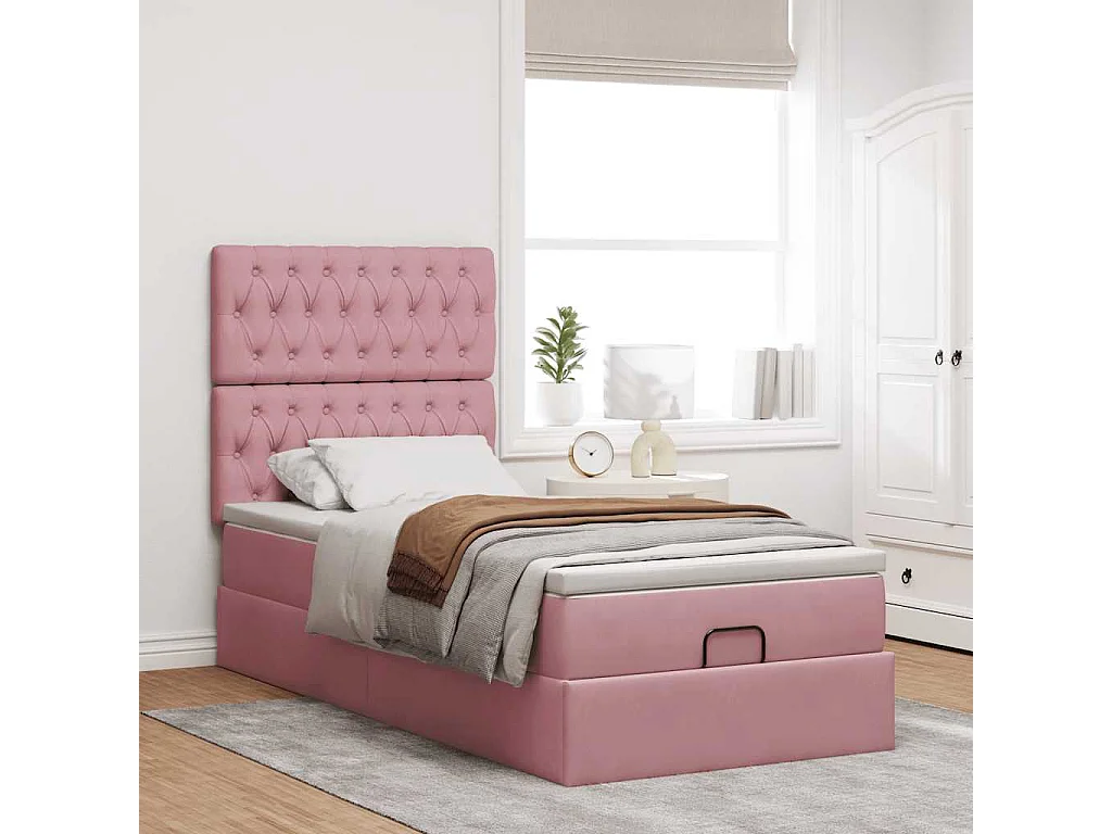 Estrutura de cama otomana com colchões 90x190 cm veludo rosa