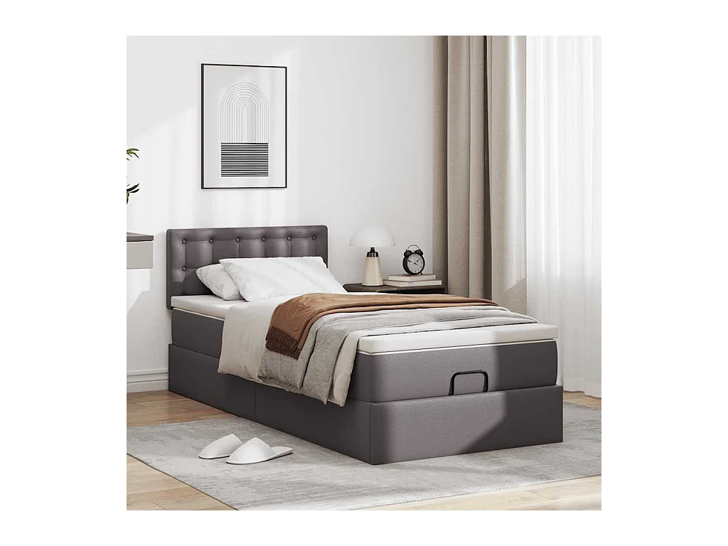 Estructura cama otomana colchón cuero sintético gris 90x190 cm