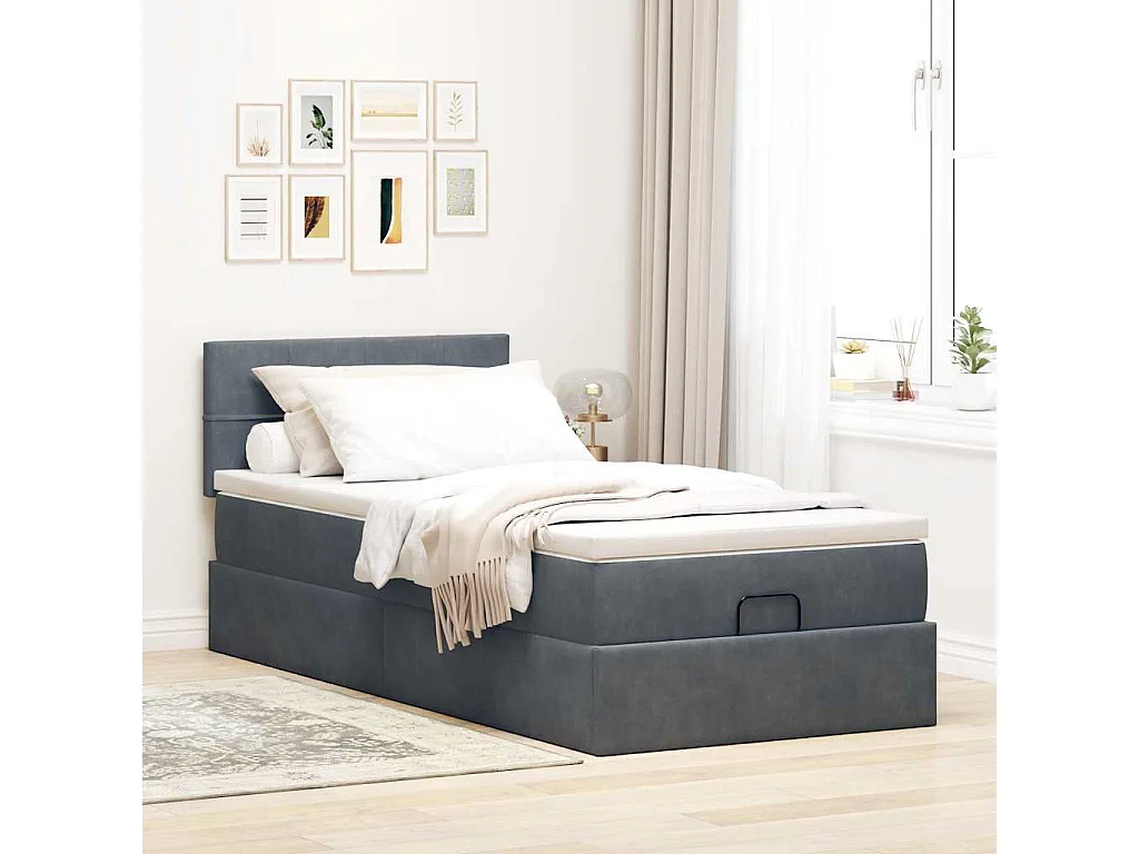 Cadre de lit ottoman avec matelas gris foncé 90x190 cm velours
