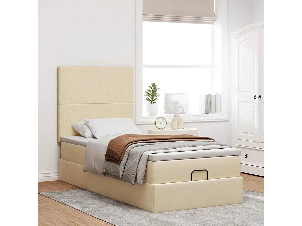 Cadre de lit ottoman avec matelas crème 90x190 cm tissu