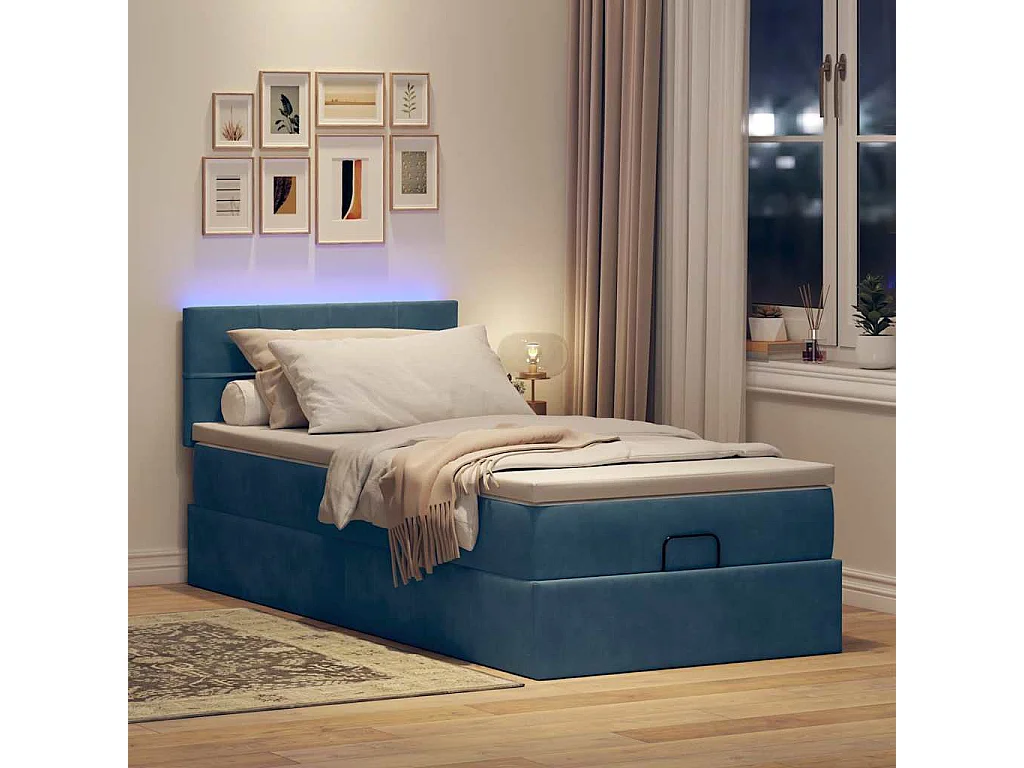 Cadre de lit ottoman avec matelas bleu foncé 90x200 cm velours
