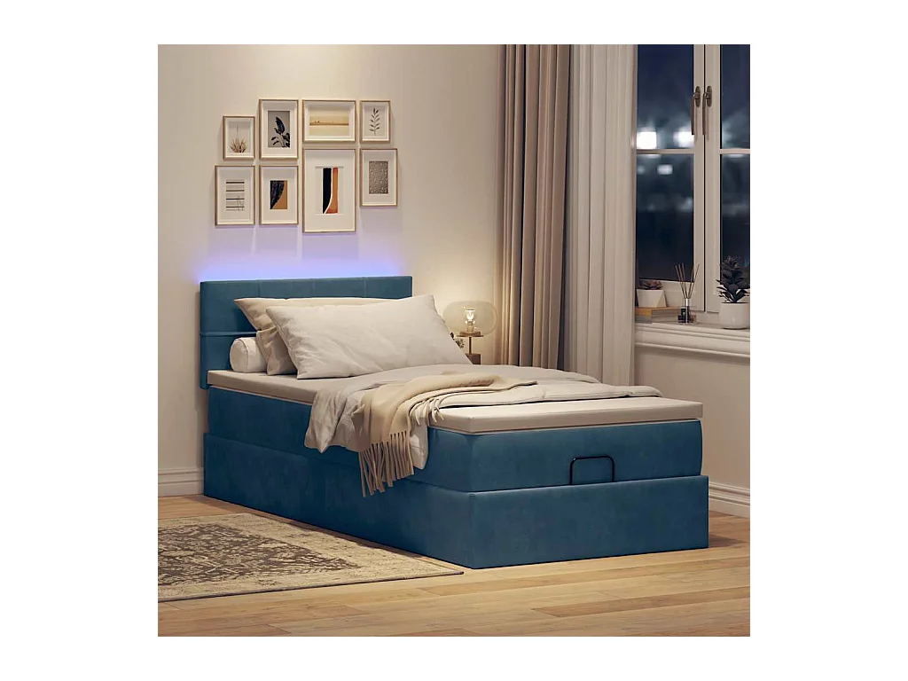 Cadre de lit ottoman avec matelas bleu foncé 80x200 cm velours