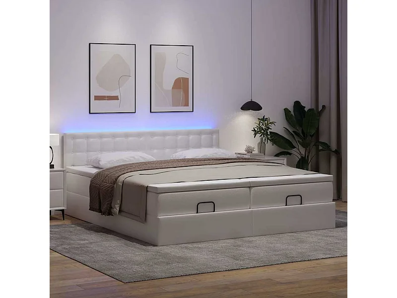 Estructura de cama otomana con colchones cuero sintético blanco