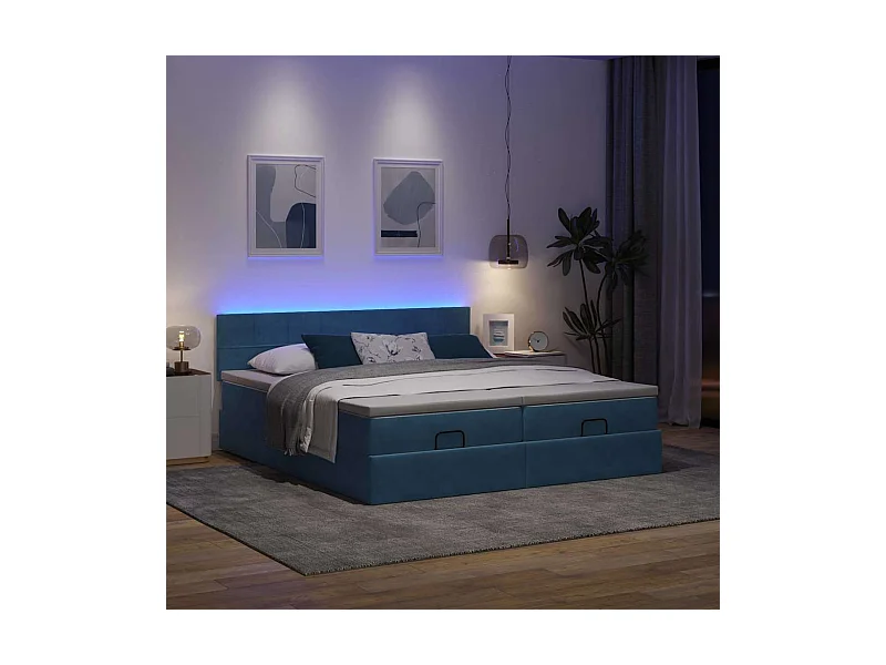 Cadre de lit ottoman avec matelas bleu foncé 160x200 cm velours