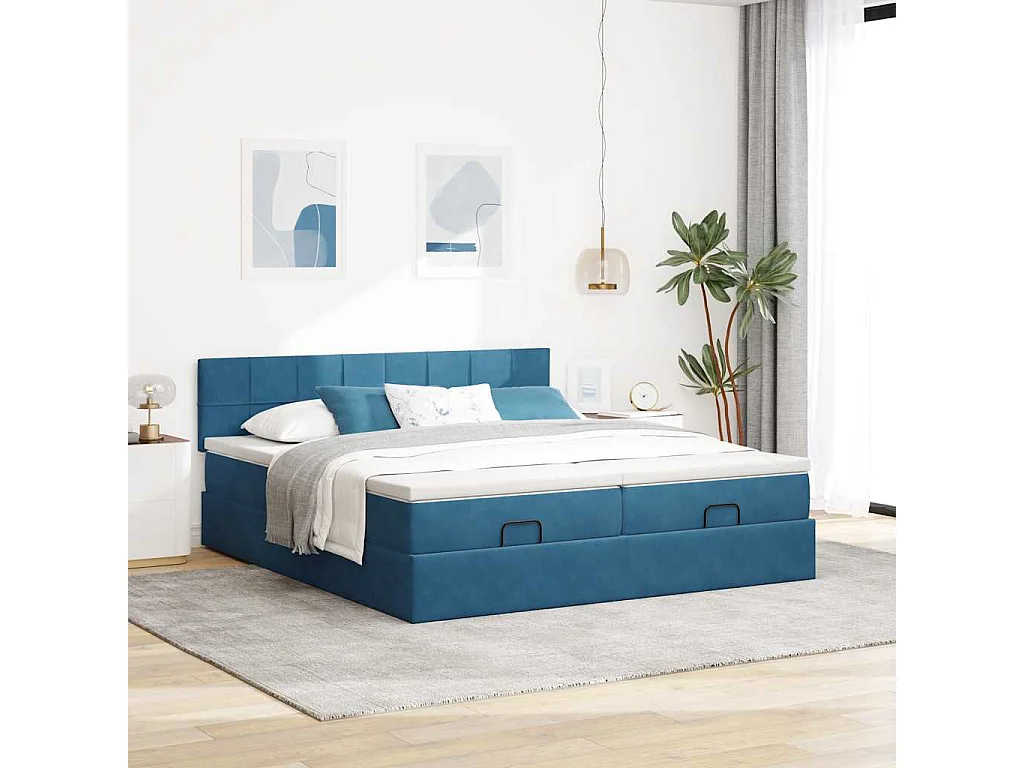 Cadre de lit ottoman avec matelas bleu foncé 160x200 cm velours