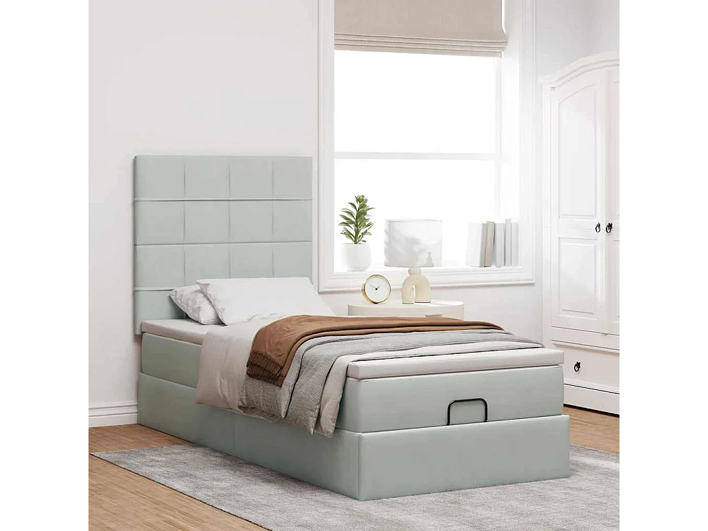 Cadre de lit ottoman et matelas gris clair 100x200 cm velours