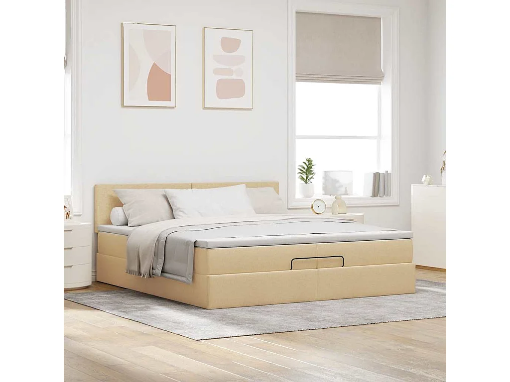 Cadre de lit ottoman avec matelas crème 200x200 cm tissu