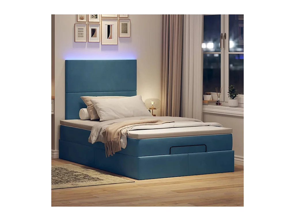 Cadre de lit ottoman avec matelas bleu foncé 120x190 cm velours