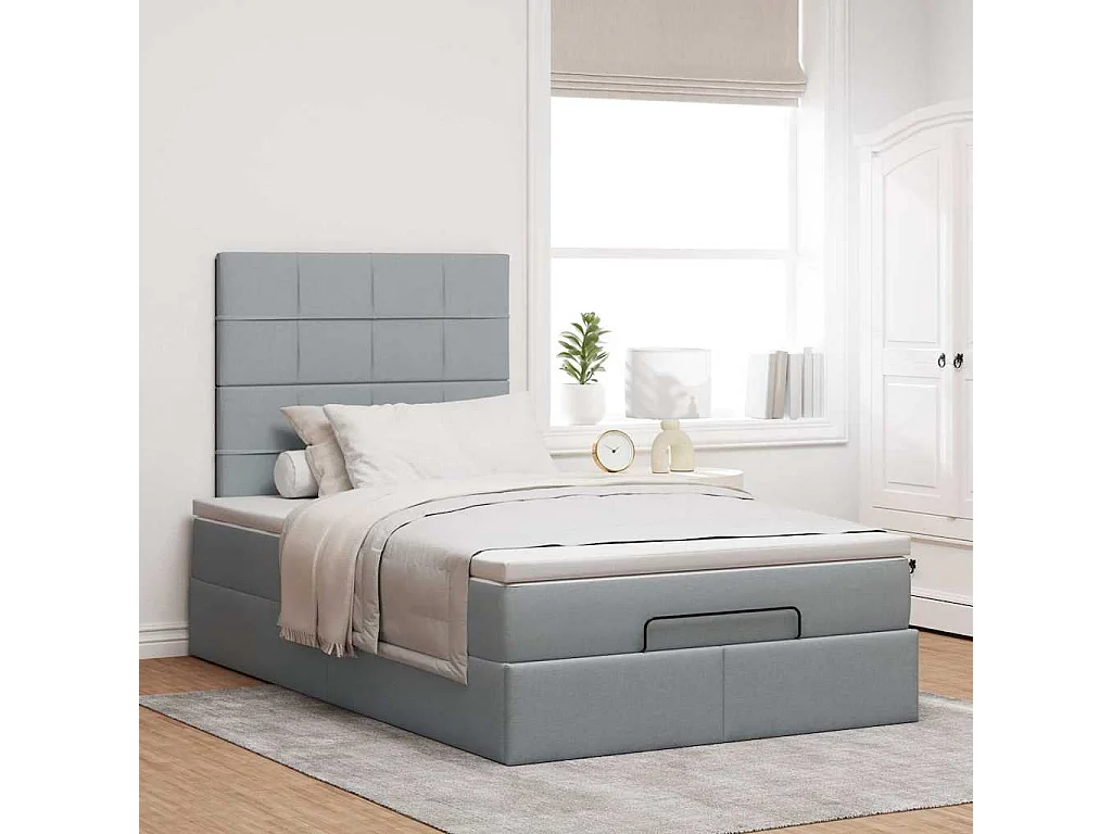 Cadre de lit ottoman avec matelas gris clair 120x190 cm tissu