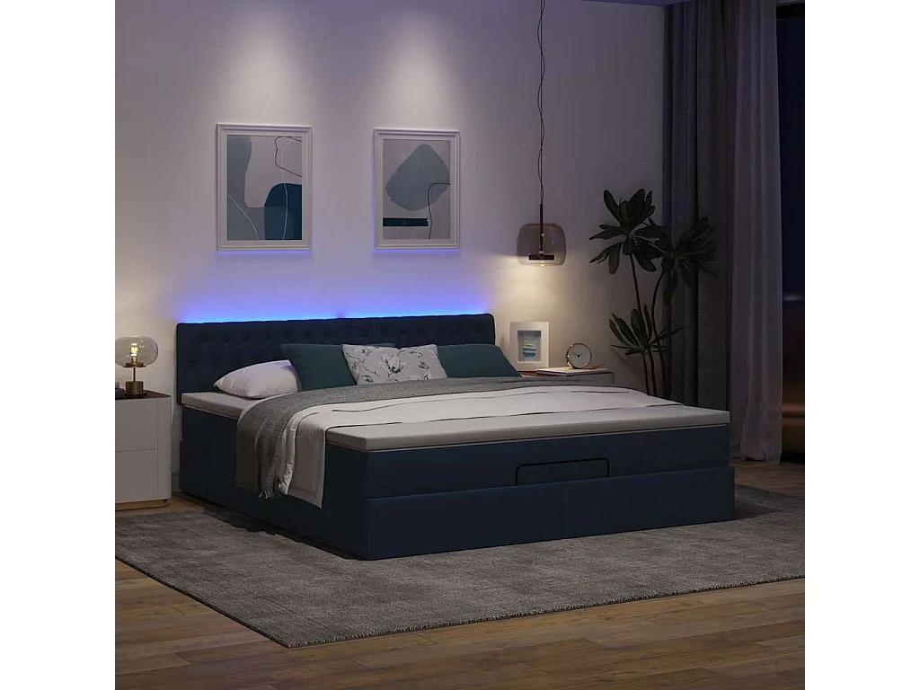 Estructura de cama otomana con colchón tela azul 180x200cm