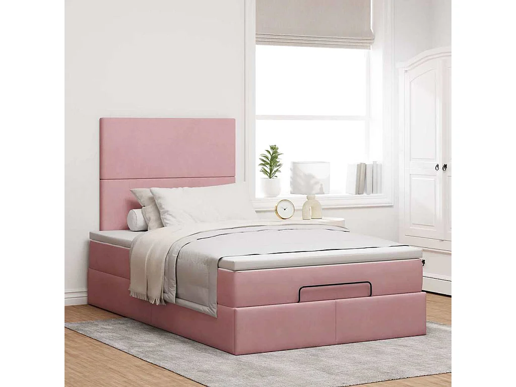 Cadre de lit ottoman avec matelas rose 120x190 cm velours