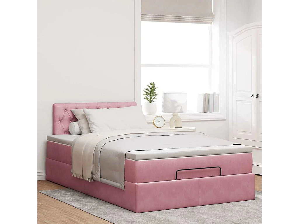 Cadre de lit ottoman avec matelas rose 120x190 cm velours