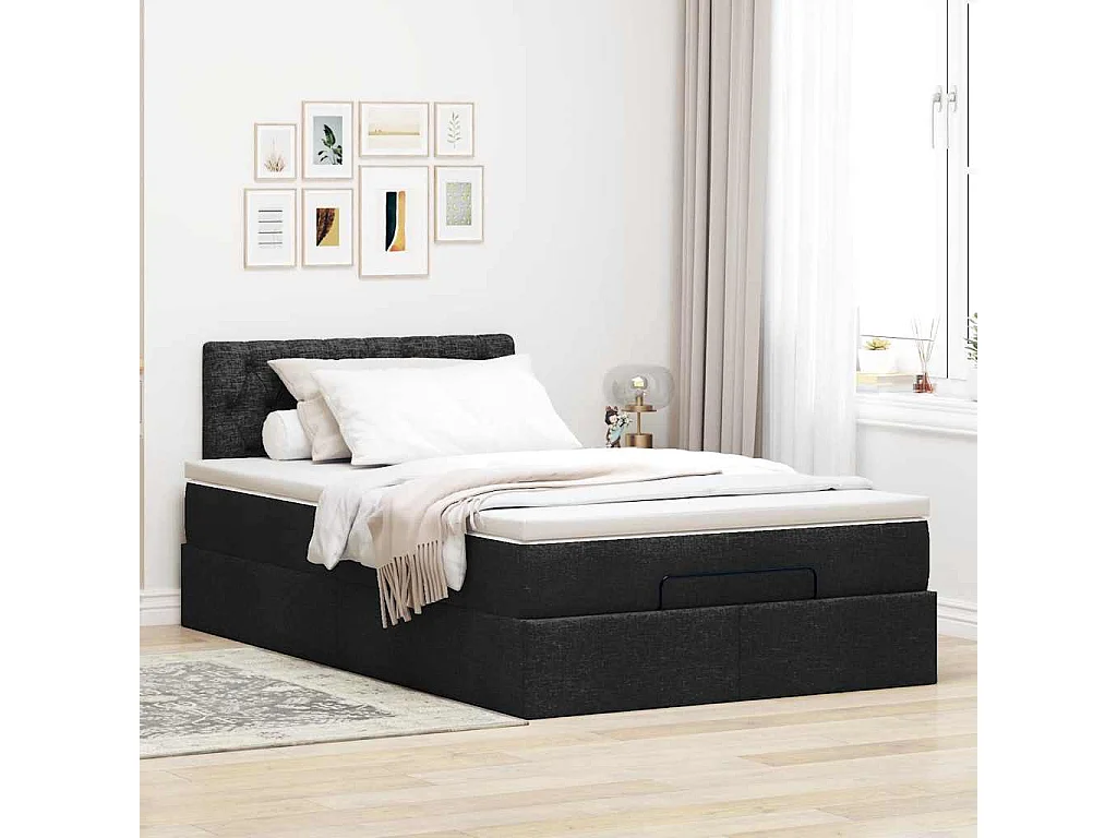 Cadre de lit ottoman avec matelas noir 120x200cm tissu