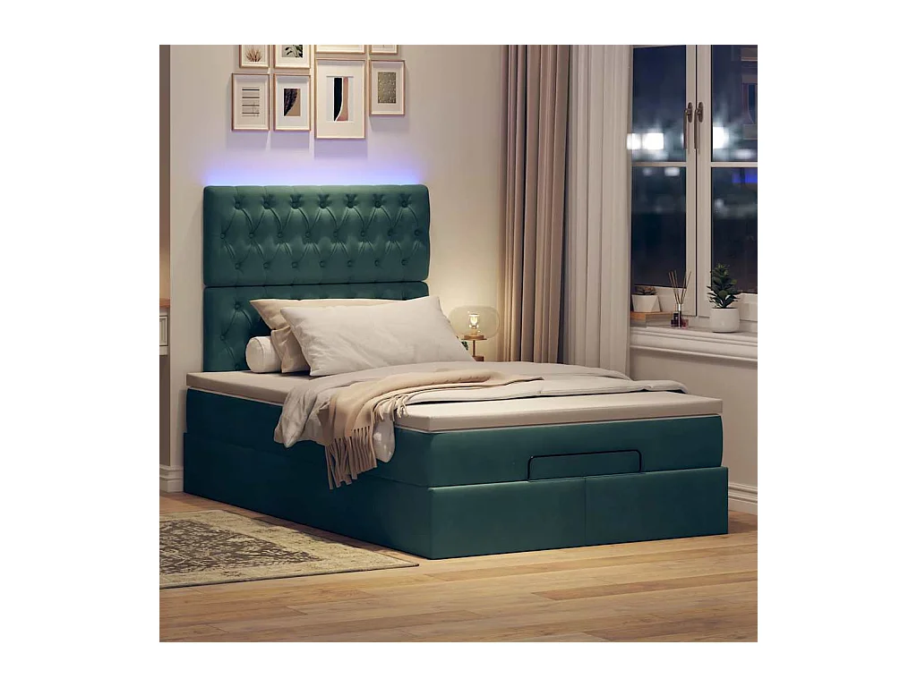 Estructura de cama otomana colchones terciopelo verde oscuro