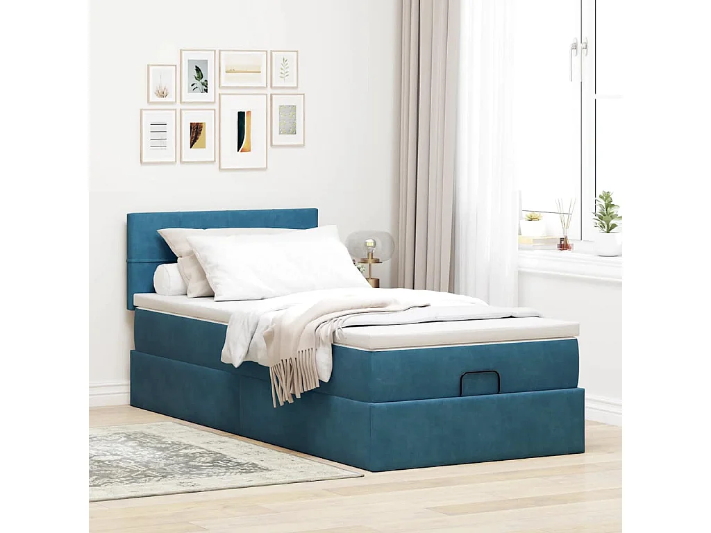 Estructura de cama otomana con colchón terciopelo azul oscuro