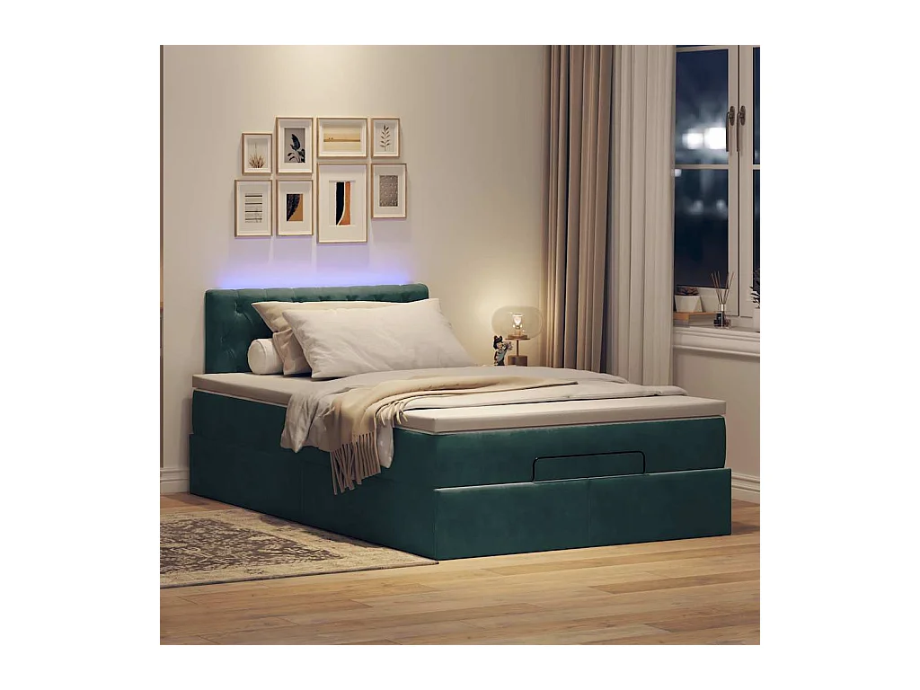 Estructura de cama otomana colchón terciopelo verde oscuro