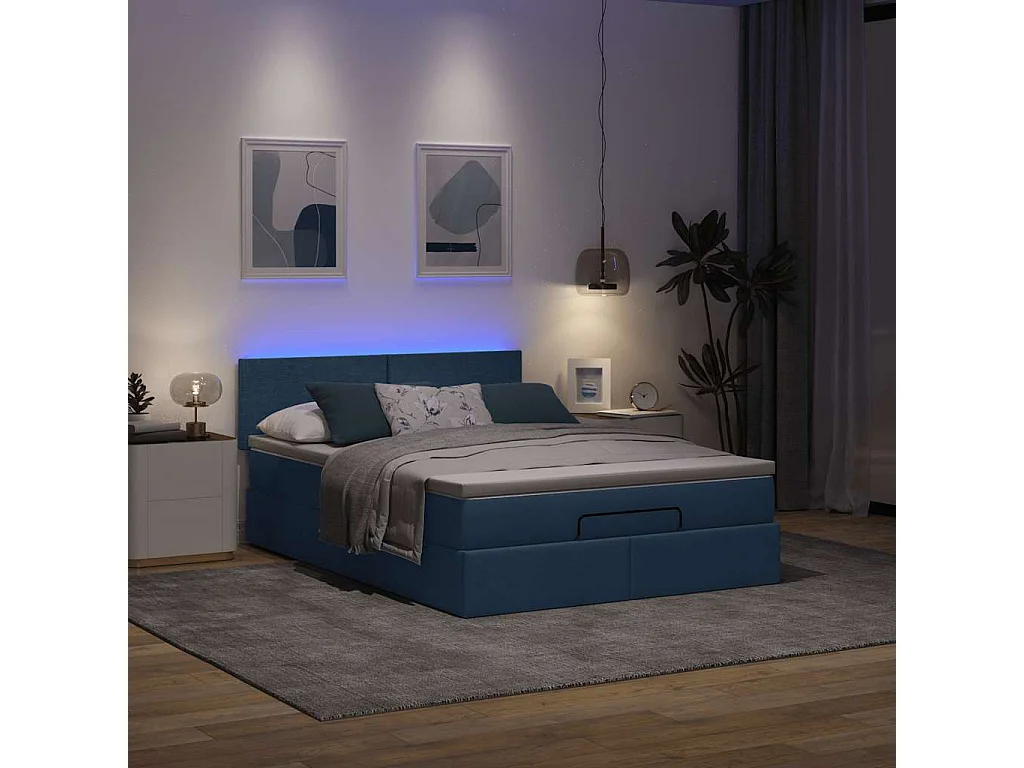 Estrutura de cama otomana com colchão tecido azul 140x200cm