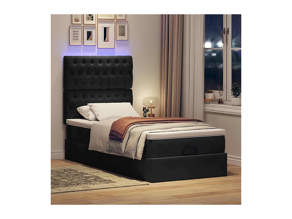 Estructura cama otomana colchones terciopelo negro 90x200 cm