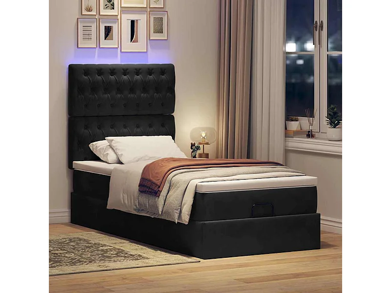 Estructura cama otomana colchones terciopelo negro 90x200 cm