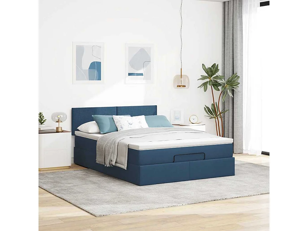 Cadre de lit ottoman avec matelas bleu 140x200 cm tissu