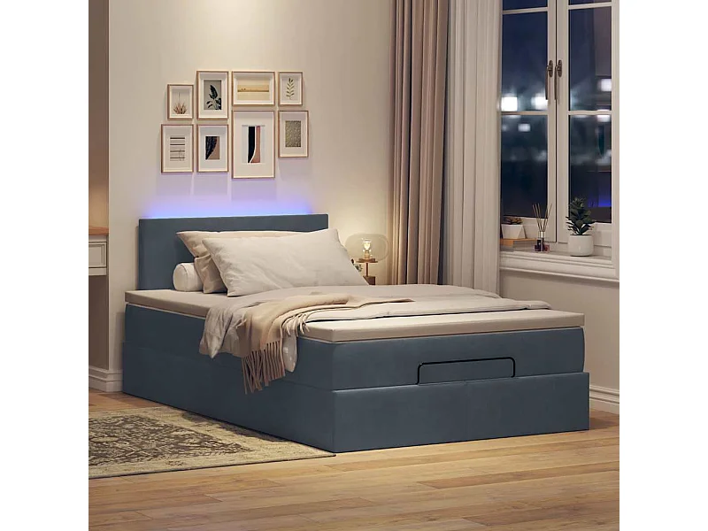 Estrutura de cama otomana com colchão cinza escuro veludo