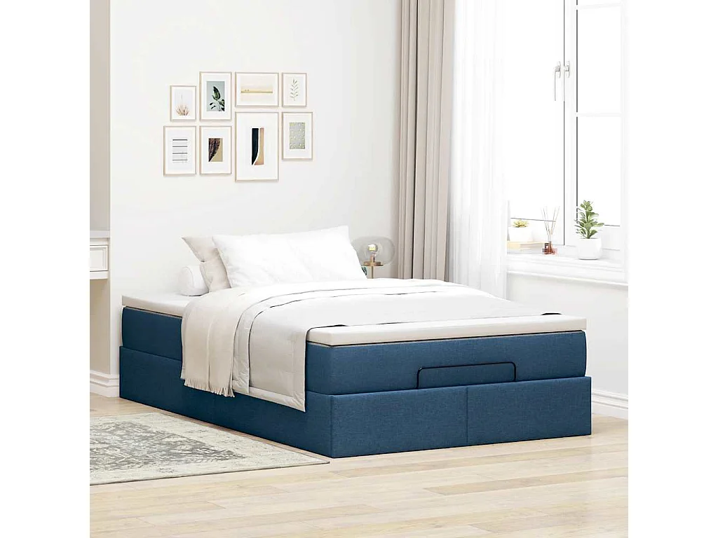Cadre de lit ottoman avec matelas bleu 120x200 cm tissu