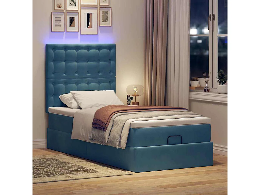 Cadre de lit ottoman avec matelas bleu foncé 90x200 cm velours