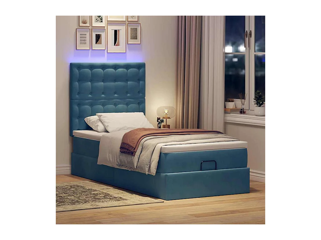 Cadre de lit ottoman avec matelas bleu foncé 90x200 cm velours