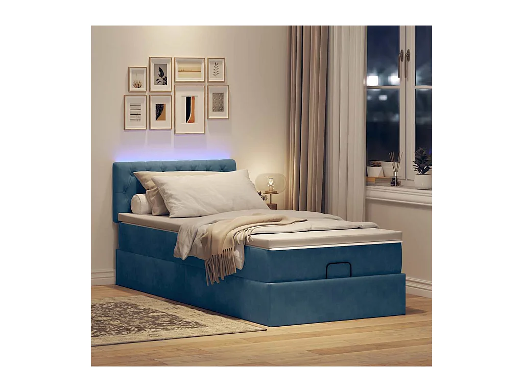 Estrutura cama otomana colchão 80x200 cm veludo azul escuro