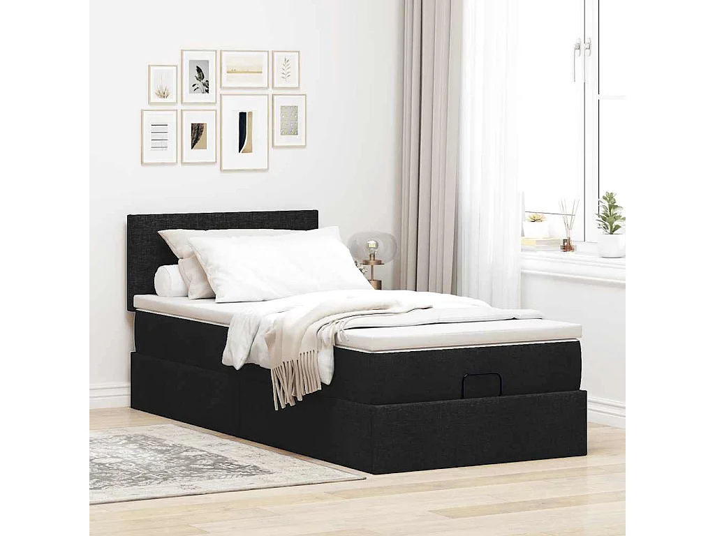 Lit ottoman avec matelas noir 90x200 cm tissu