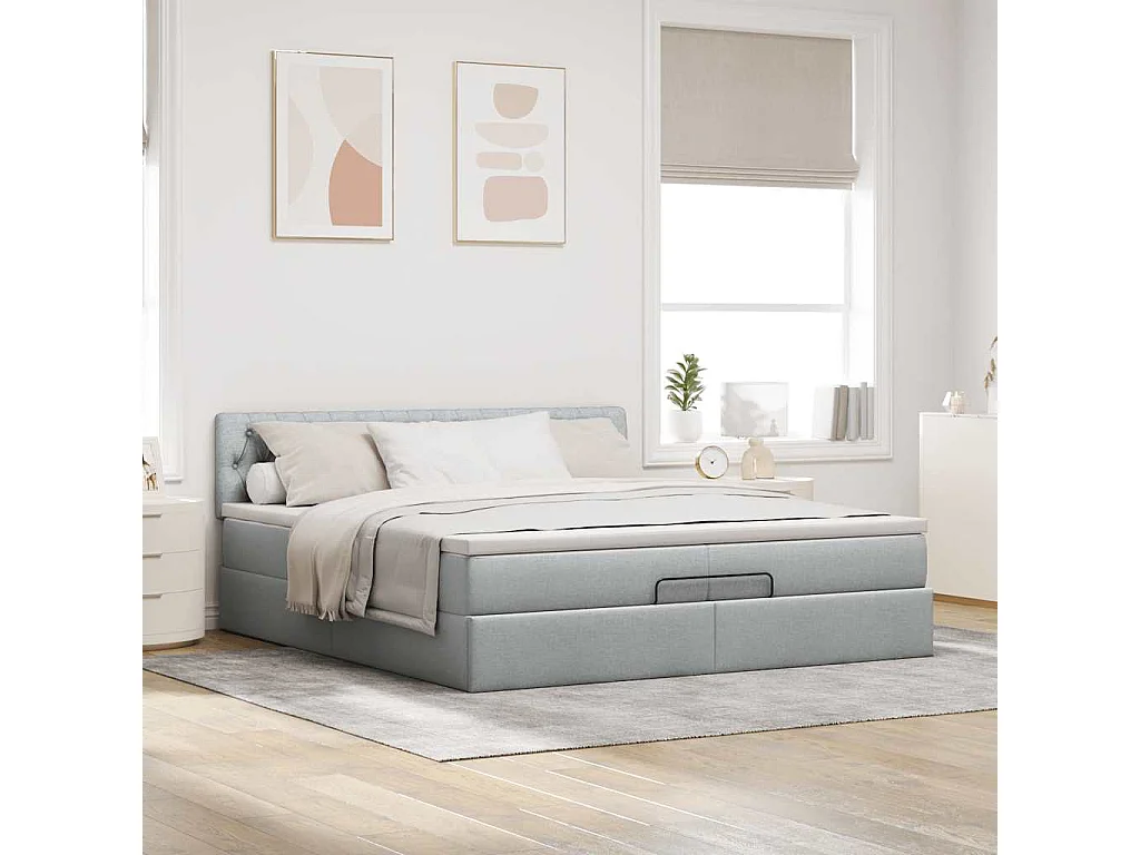 Cadre de lit ottoman et matelas gris clair 200x200cm tissu