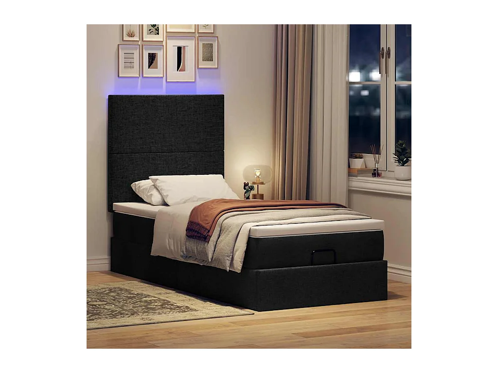 Cadre de lit ottoman avec matelas noir 90x200 cm tissu