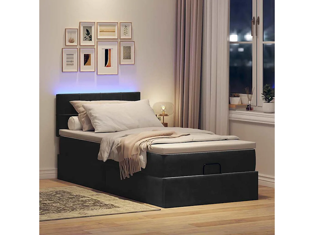 Cadre de lit ottoman avec matelas noir 90x190 cm velours