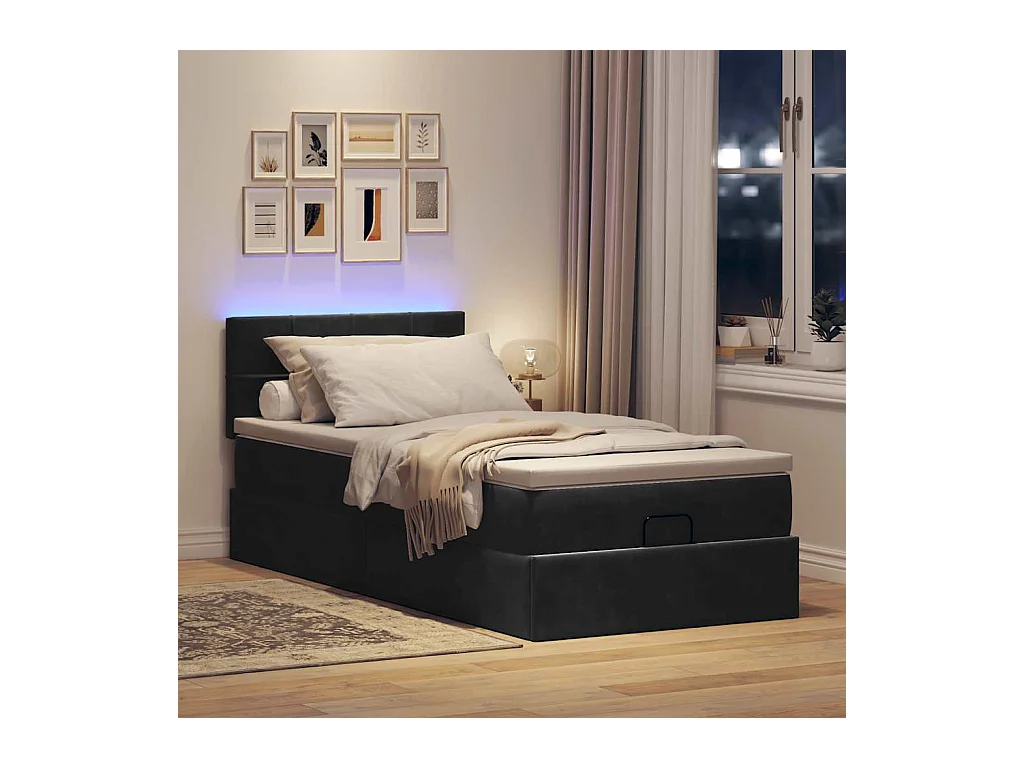 Estructura cama otomana colchón terciopelo negro 90x200 cm