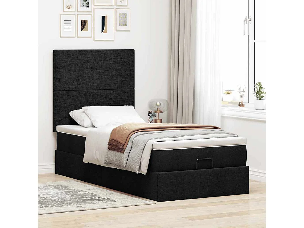 Cadre de lit ottoman avec matelas noir 90x200 cm tissu