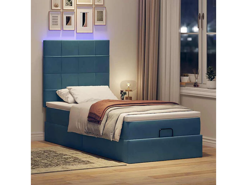 Estrutura cama otomana colchões 80x200 cm veludo azul escuro