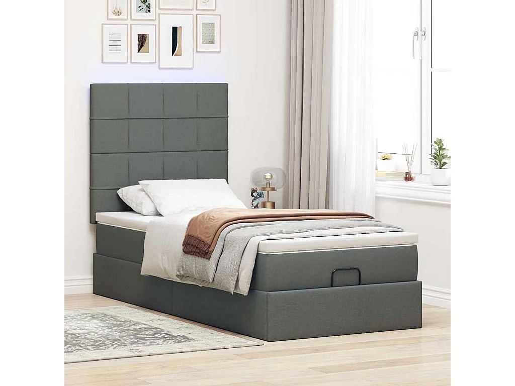 Cadre de lit ottoman avec matelas gris foncé 100x200 cm tissu