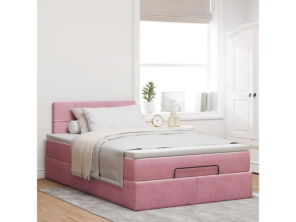 Estructura cama otomana con colchón terciopelo rosa 120x190 cm
