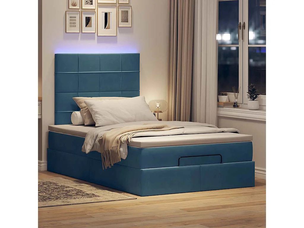 Estructura de cama otomana colchones terciopelo azul oscuro