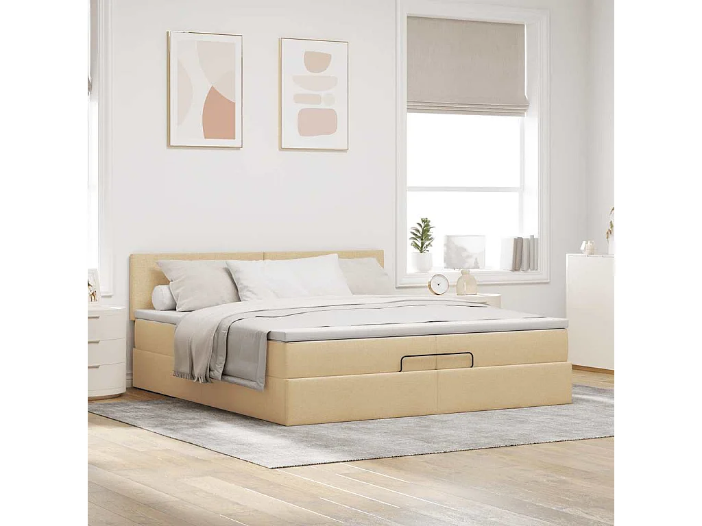 Cadre de lit ottoman avec matelas crème 200x200cm tissu