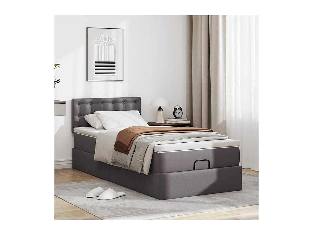 Cadre de lit ottoman avec matelas gris 90x200 cm similicuir