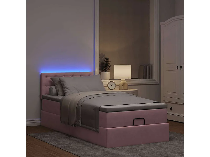 Estructura cama otomana con colchón terciopelo rosa 90x190cm