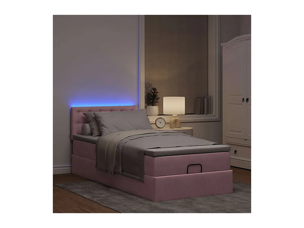 Estructura cama otomana con colchón terciopelo rosa 90x190cm