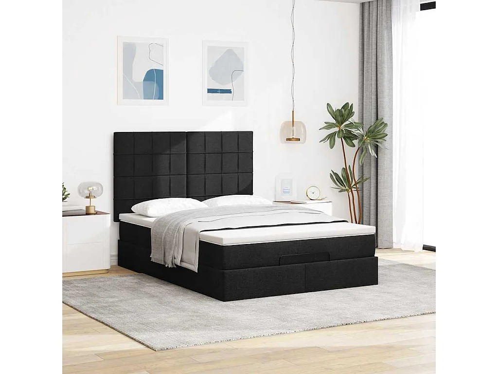 Cadre de lit ottoman avec matelas noir 140x200 cm tissu
