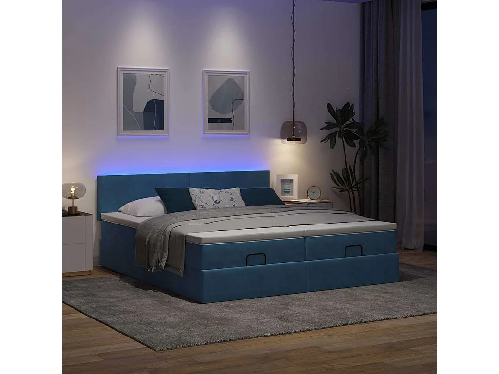 Estructura de cama otomana colchones terciopelo azul oscuro