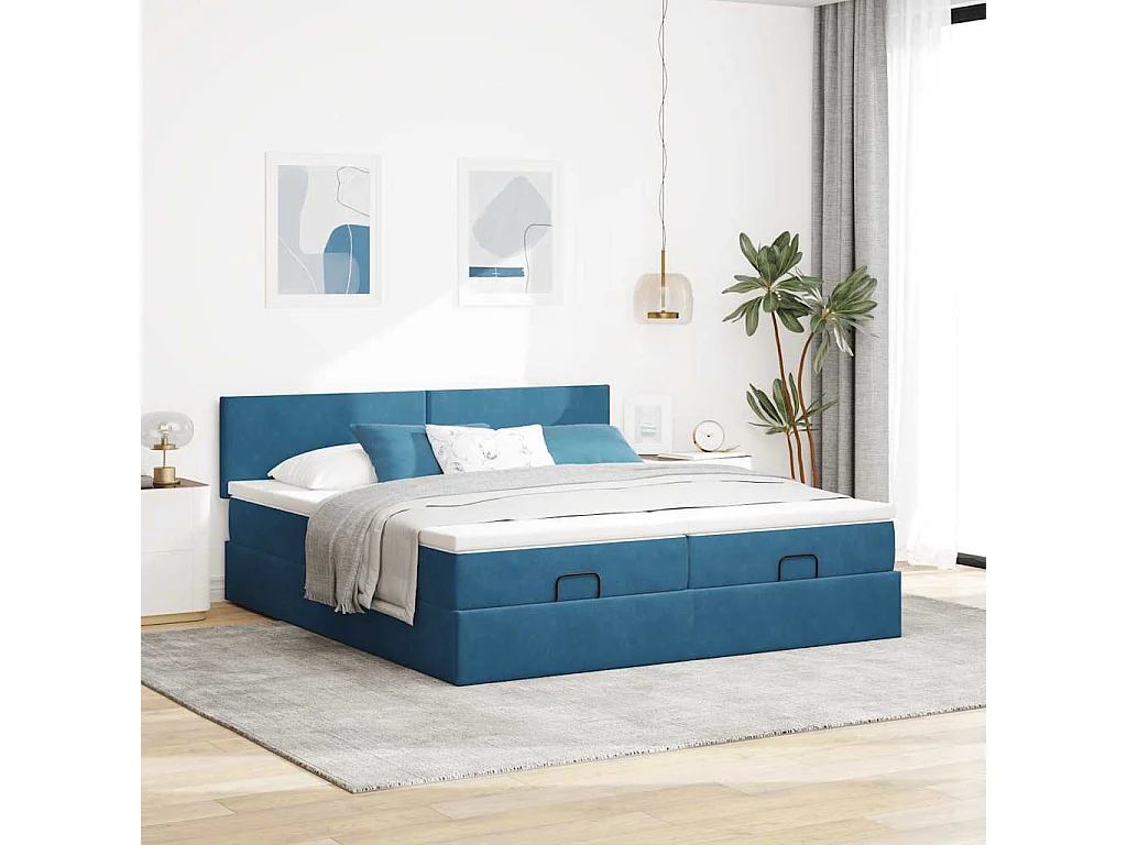 Estructura de cama otomana colchones terciopelo azul oscuro